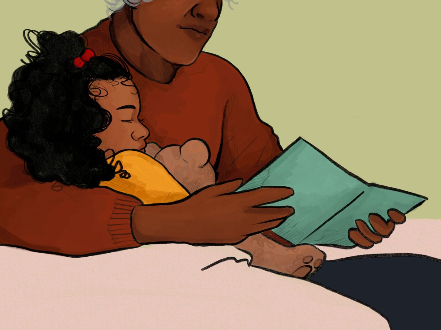 An adult and a child sit close together, with the child resting their head on the adults shoulder while the adult holds an open book, reading to the child.