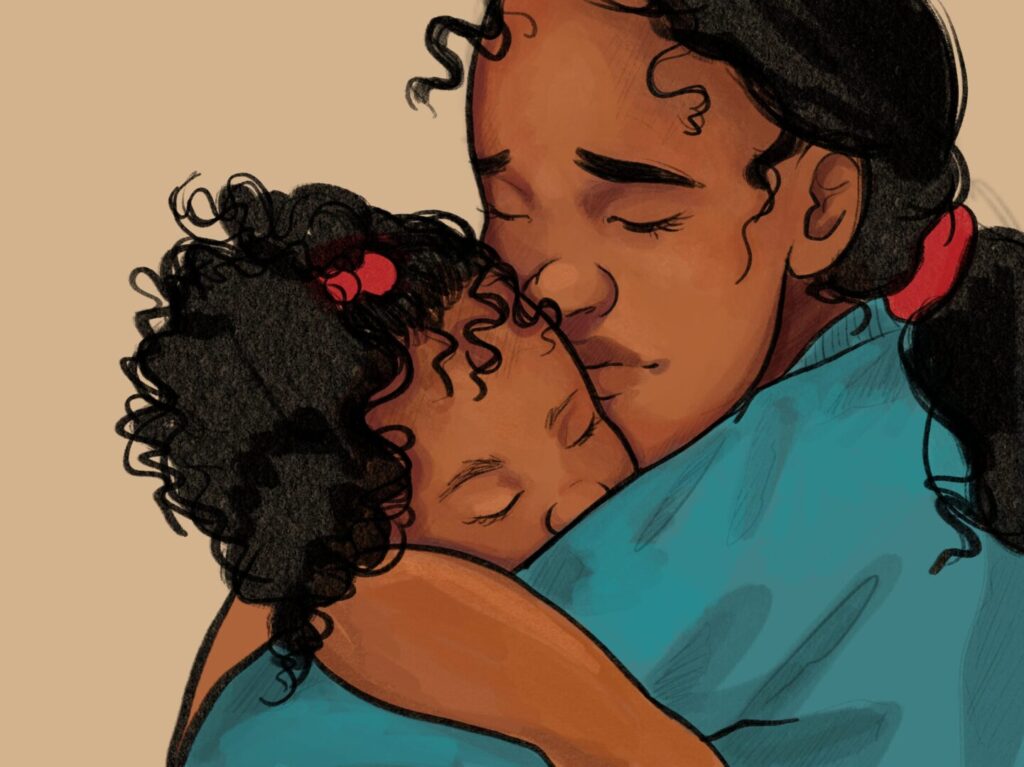An Aboriginal woman with closed eyes hugs her small child who is resting her head on the woman&rsquo;s shoulder. Both have curly hair and peaceful expressions, conveying a sense of warmth and comfort.