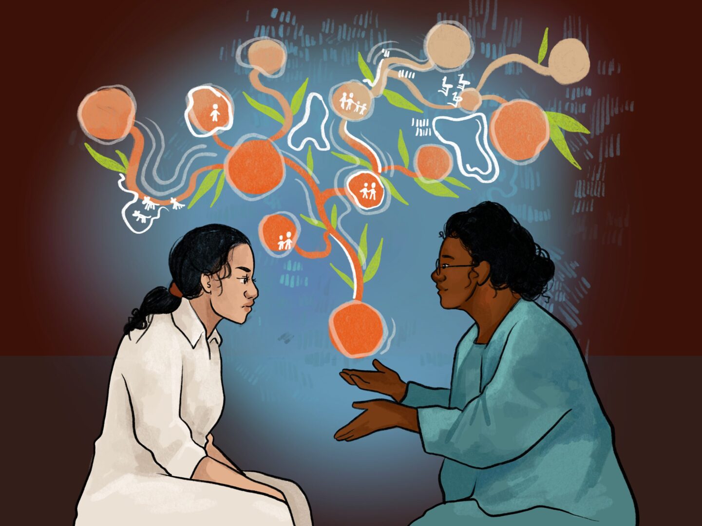 Two women sit facing each other, one speaking and gesturing with her hands, the other listening. Above them, colorful abstract shapes and symbols representing family and relationships float in the air.